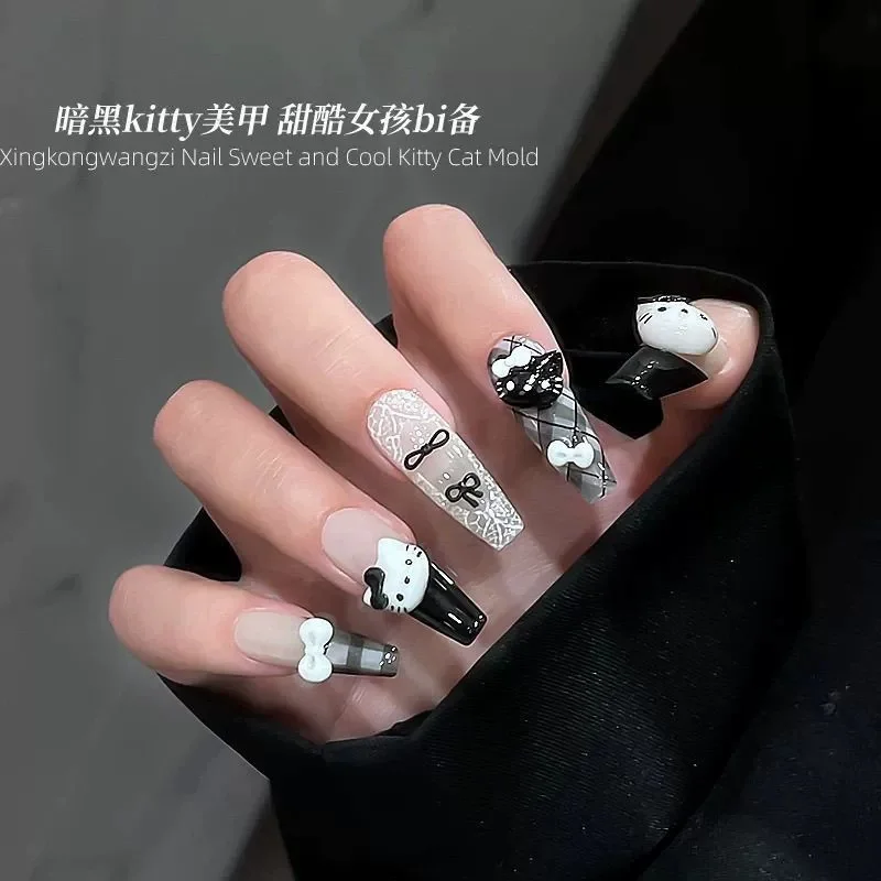 1 Uds. Molde de silicona 3D Kawaii Hello Kitty para decoración de uñas, pegatina transparente con lazo cruzado, plantilla de diseño de gatito para decoración de manicura DIY