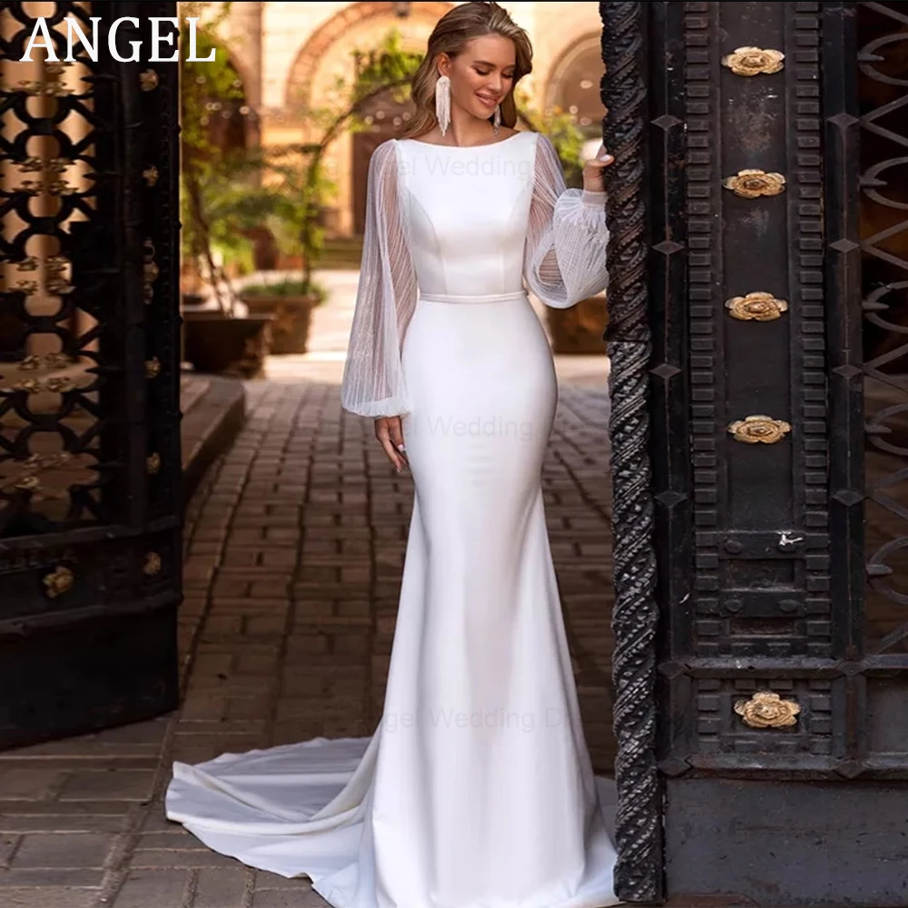 

ANGEL Elegant Wedding Dresses Women Mermaid Open Back Long Sleeve Boat Neck Bridal Gown Tulle Sweep Train Vestidos De Novia