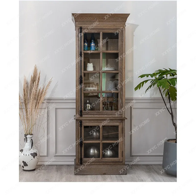Rural retro white oak solid wood heaven and earth lock up and down wine cabinet living room old display cabinet storage cabinet