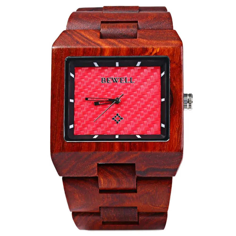 Bewell Wood Watch Men Fashion Wrist Watch, Wooden Band Rectangle Dial Analog Wristwatches, Water Resistant Casual Watches