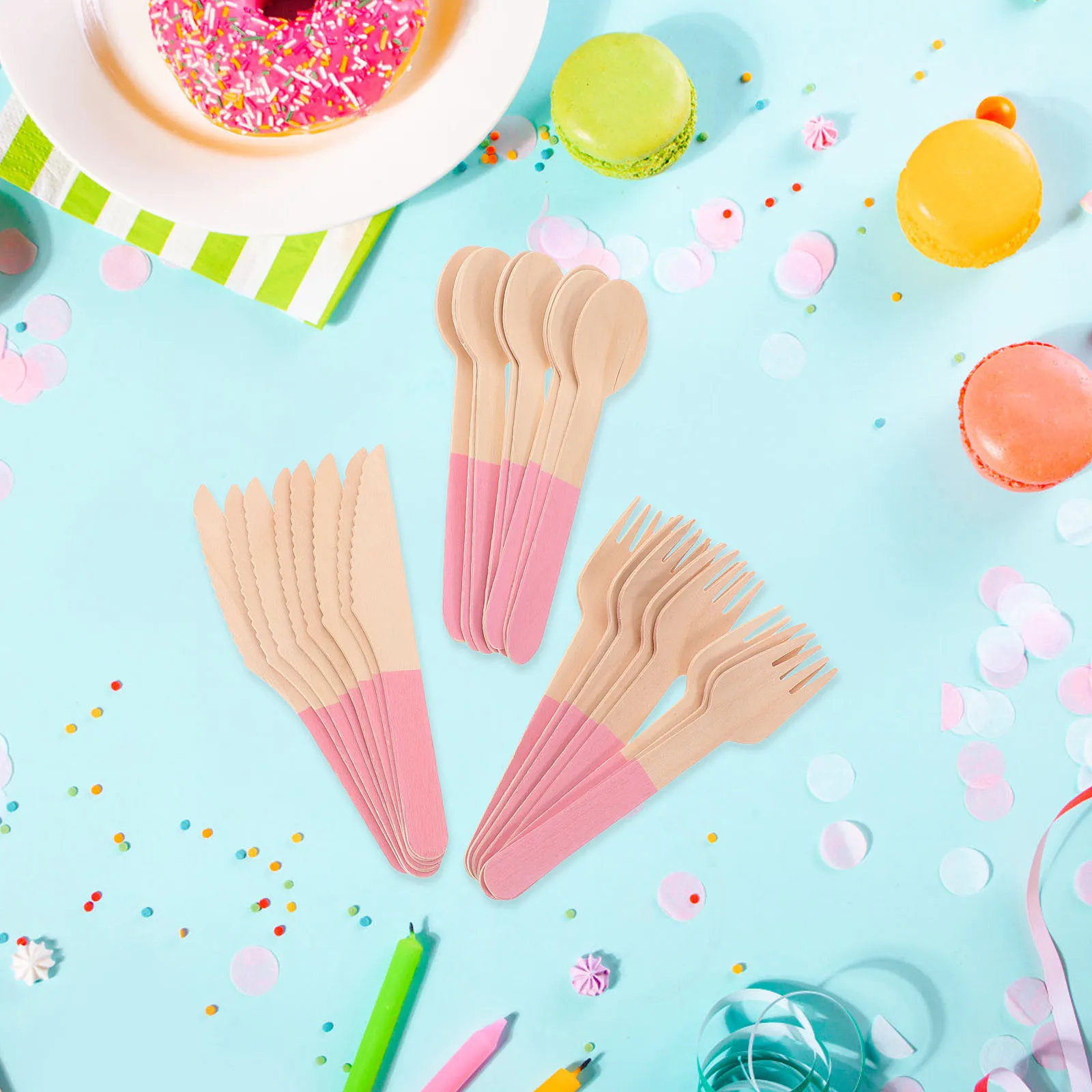 

24Pcs Wooden Cutlery Disposable Set Knives Forks Spoons Eco Friendly Premium Material for Birthday Wedding Party Bbq Picnic