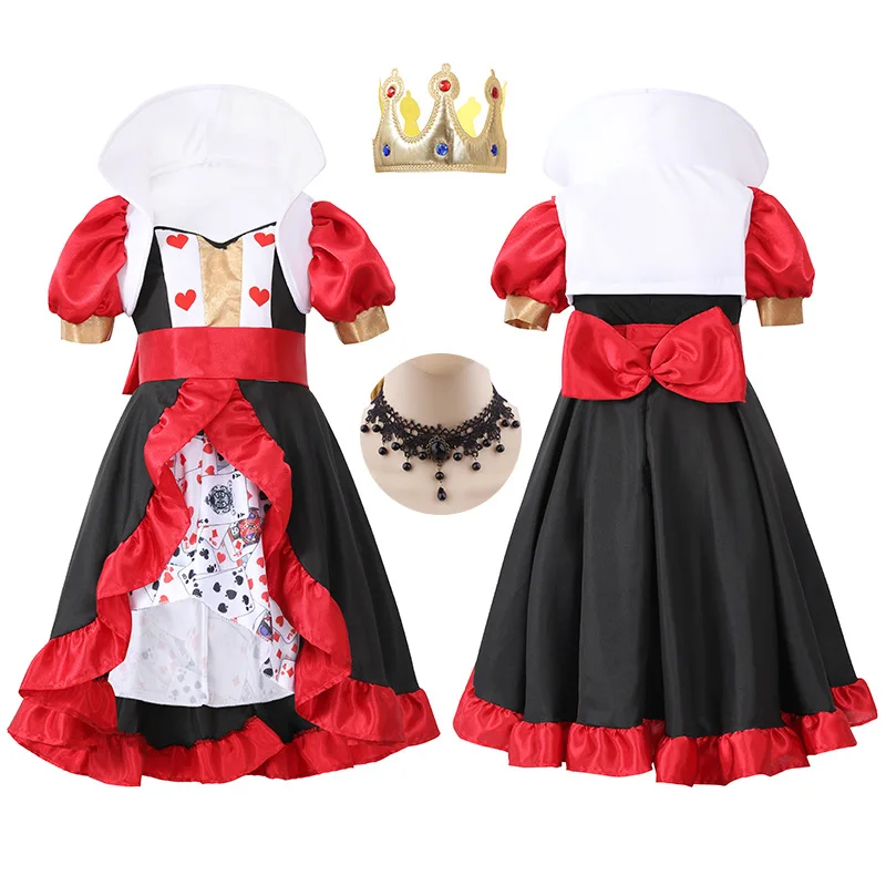 Full Set Queen of Hearts Costume Girls Poker Queen Cosplay Halloween Carnival Party Fancy Dress Up for Kids Children