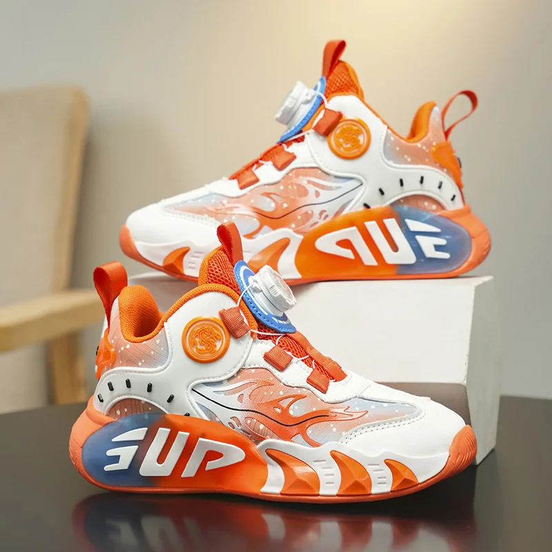 

Новая оранжевая детская спортивная обувь, баскетбольная обувь с вращающейся пряжкой, детские повседневные кроссовки на нескользящей платформе для мальчиков и девочек, кроссовки
