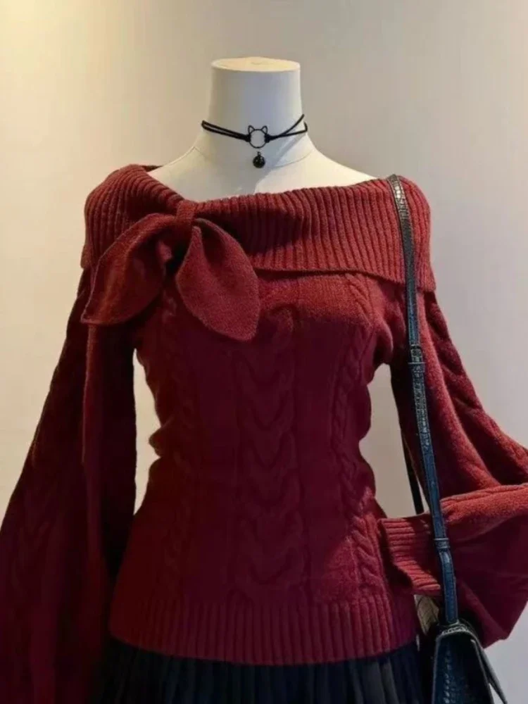 Women Sweet Hot Girl Bow Off-Shoulder Sweater Autumn Winter Elegant Sexy Fashion Knitted Tops Casual Y2k Knitwear Pullover New