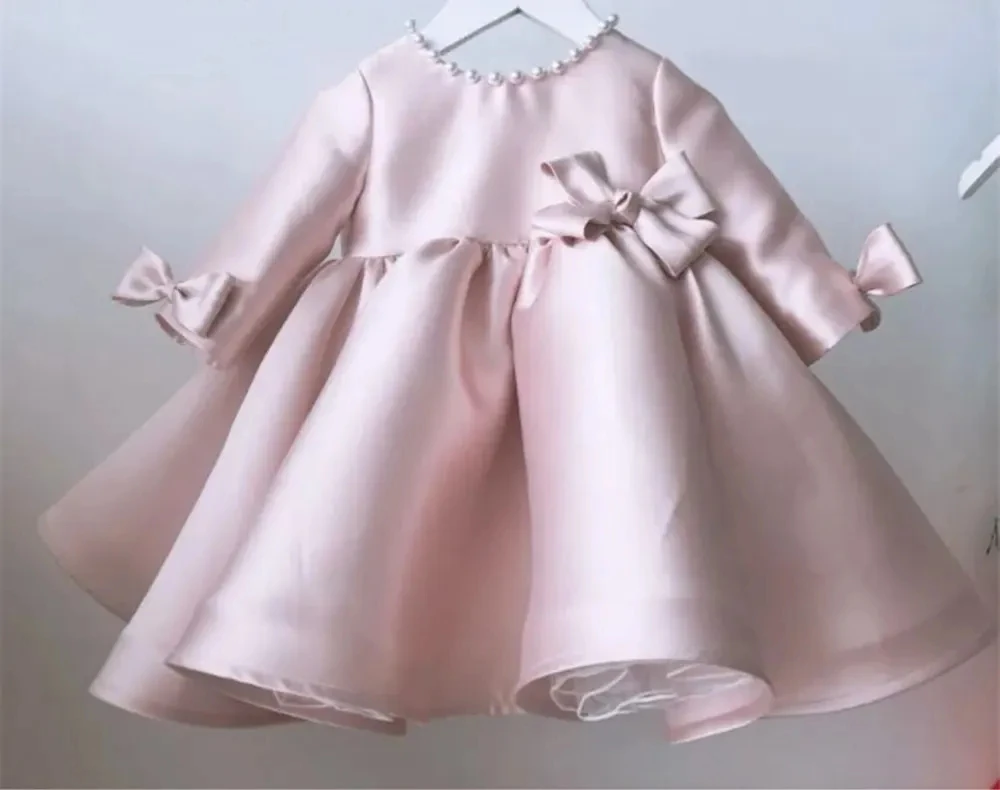 Pink Satin Baby Girls Party Dresses A Line Long Sleeves Gristenning Gowns Pearls O Neck Floor Length Flower Girl Dress Customize