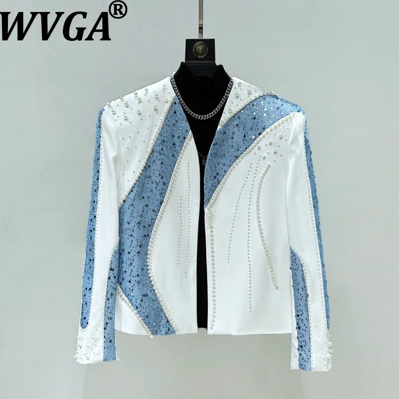 

WVGA Spring Autumn New Men Tide Patchwork Color-Block Pearl Sequin Trendy Jacket Niche Chic Open Stitch Collarless Jacket W16589