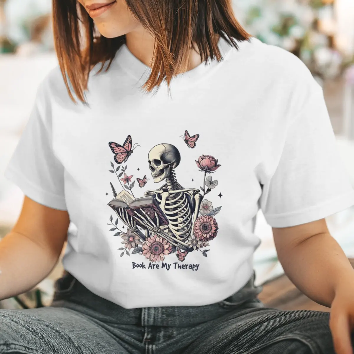 

Cool Skeleton Flower Butterfly Book Are My Therapy Print T-shirts Women Summer Casual Short Sleeve O Collar Tops Ladies T Shirt