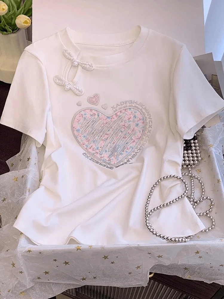 

New Chinese Sle round Ne Button ort Sve T-irt Women Summer Faion Heart Print Design National Sle Top