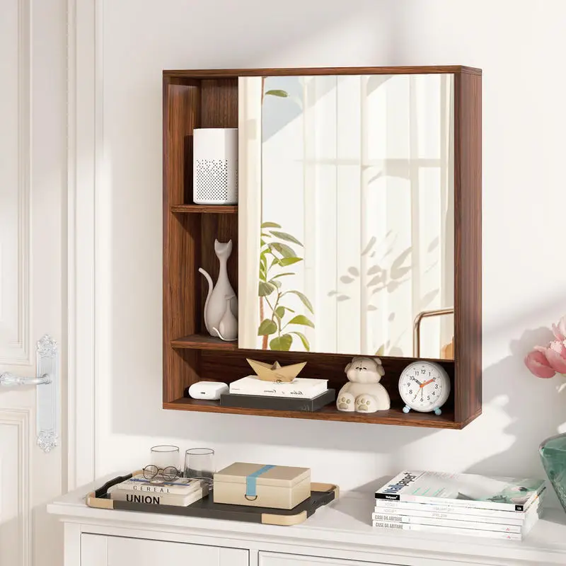 

Wall Mounted Bathroom Cabinet with Mirror Single Door-Walnut