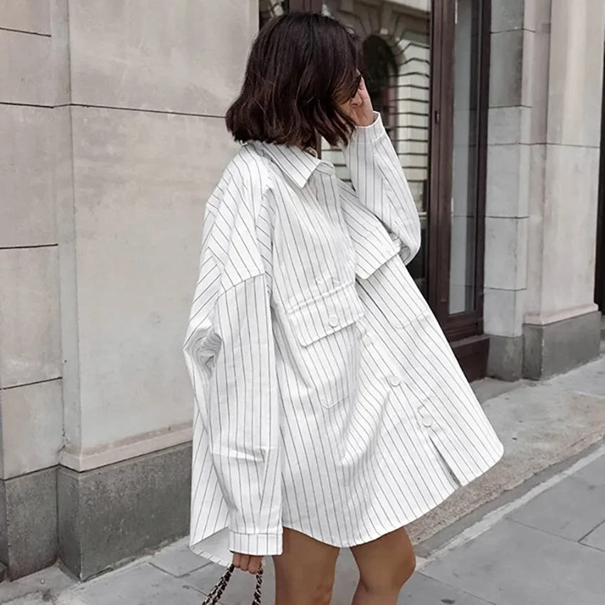 2024 Fashion Autumn Winter Women Oversized Striped Long Shirt White Long Sleeve Loose Fit Blouse Female