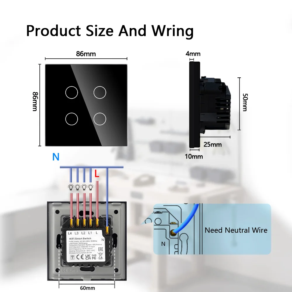 TAWOIA WiFi Touch Switch 1/2/3/4 Gang Light Switch 600W Need Neutral Wire Support Alice Alexa Yandex Tuya Google Home Smart Life