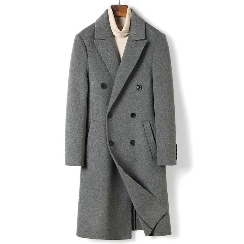 Double layer thickened double faced woolen overcoat, men's knee length, polo collar, tribute needle craft trench coat, British