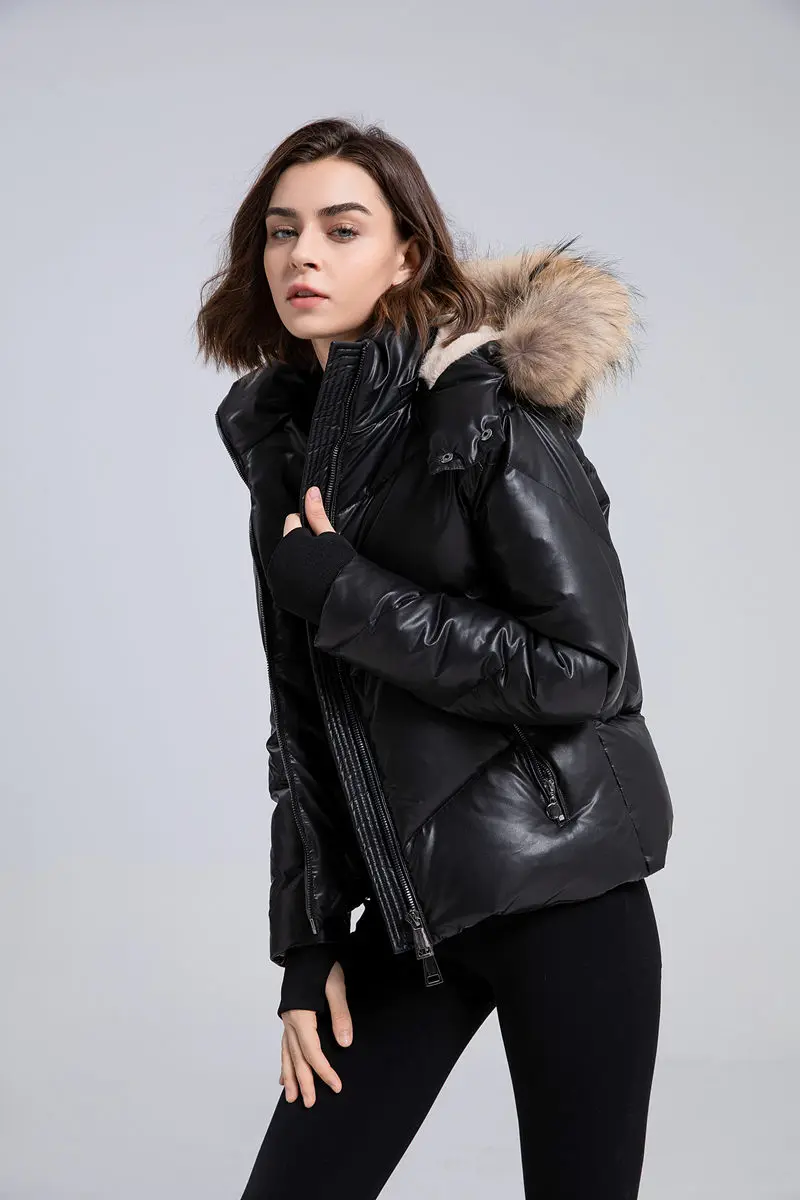 AS winter woman Velour / Vegan leather coat filled down outwear Detachable nature fur metal gold zipper