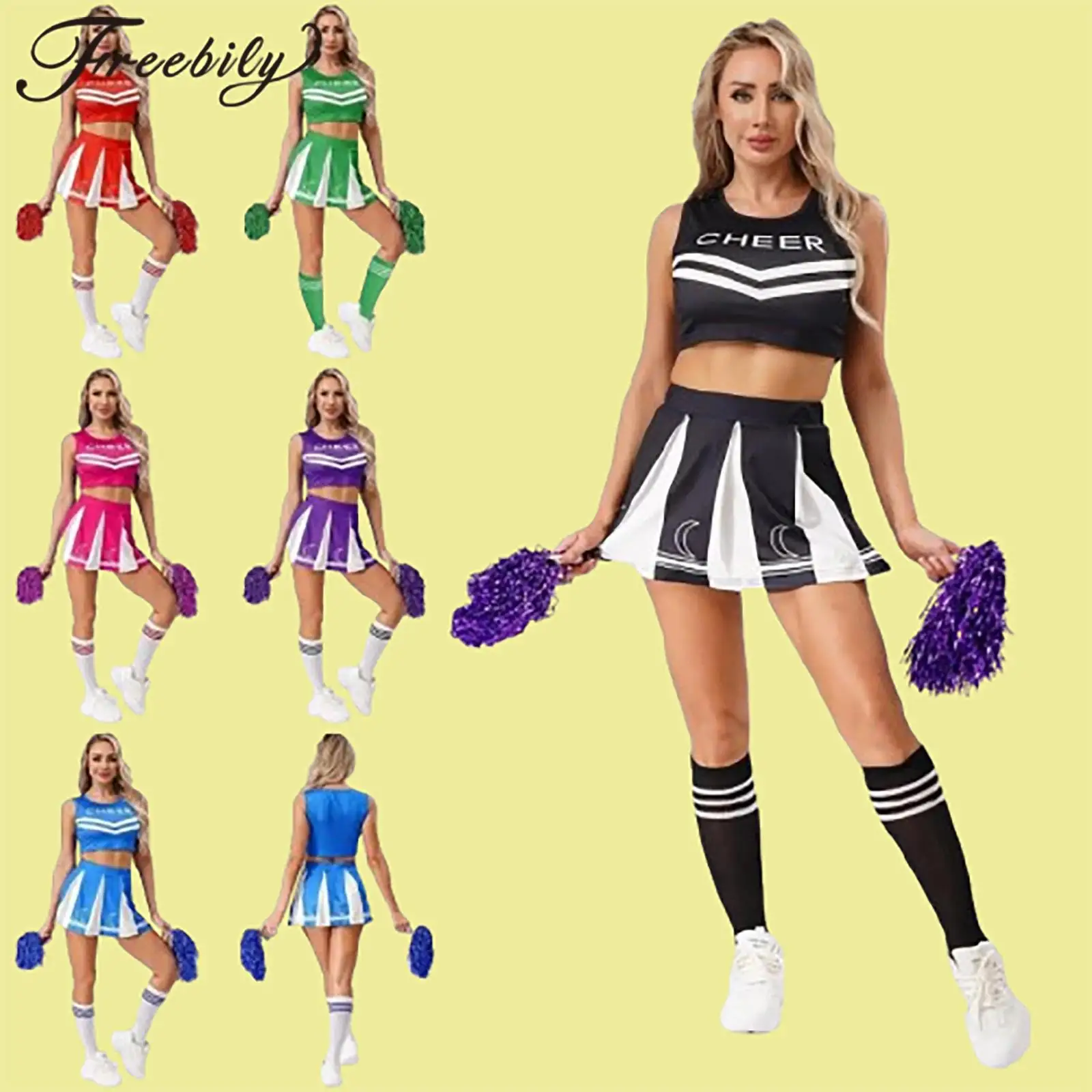 

Adults Cheering Cheerleading Uniform Womens Cheerleader Costumes Performance Outfits Crop Top Pleated Skirt Stockings Pom Poms
