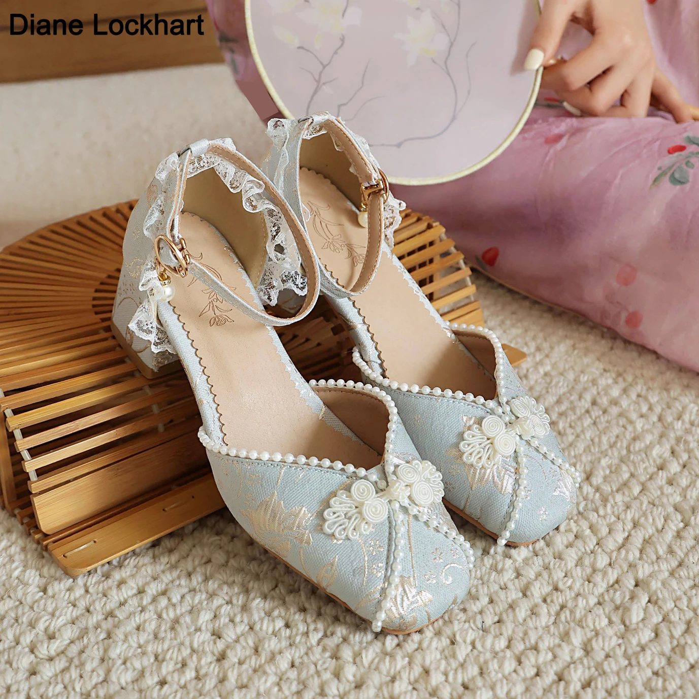 Chinese Style Mary Jane Shoes Women Round Toe Vintage luxury Pearl High Heels Summer Floral Embroidered Lolita Woman Shoes Pumps