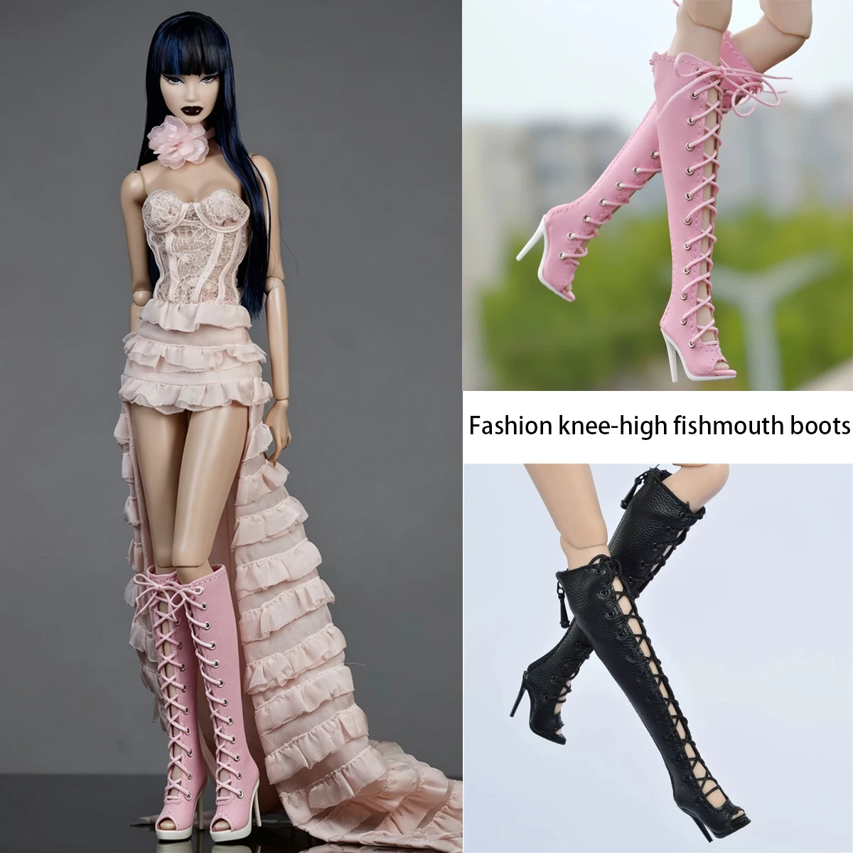 

1/6 Supermodel Doll Shoes Parts High-quality Fashion Pink Black Brown Mid-calf Fishmouth Boot High Heels For FR2 NU.FAC Xianxian