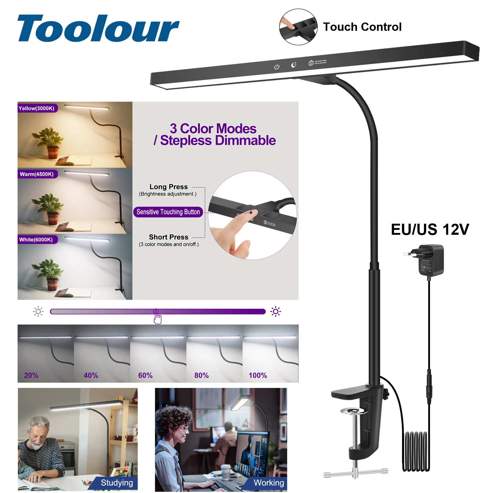

Toolour LED Desk Lamp with Clamp 3 Modes 10 Brightness Eye-Caring Lights Long Flexible Gooseneck Architect Task Table Lamps
