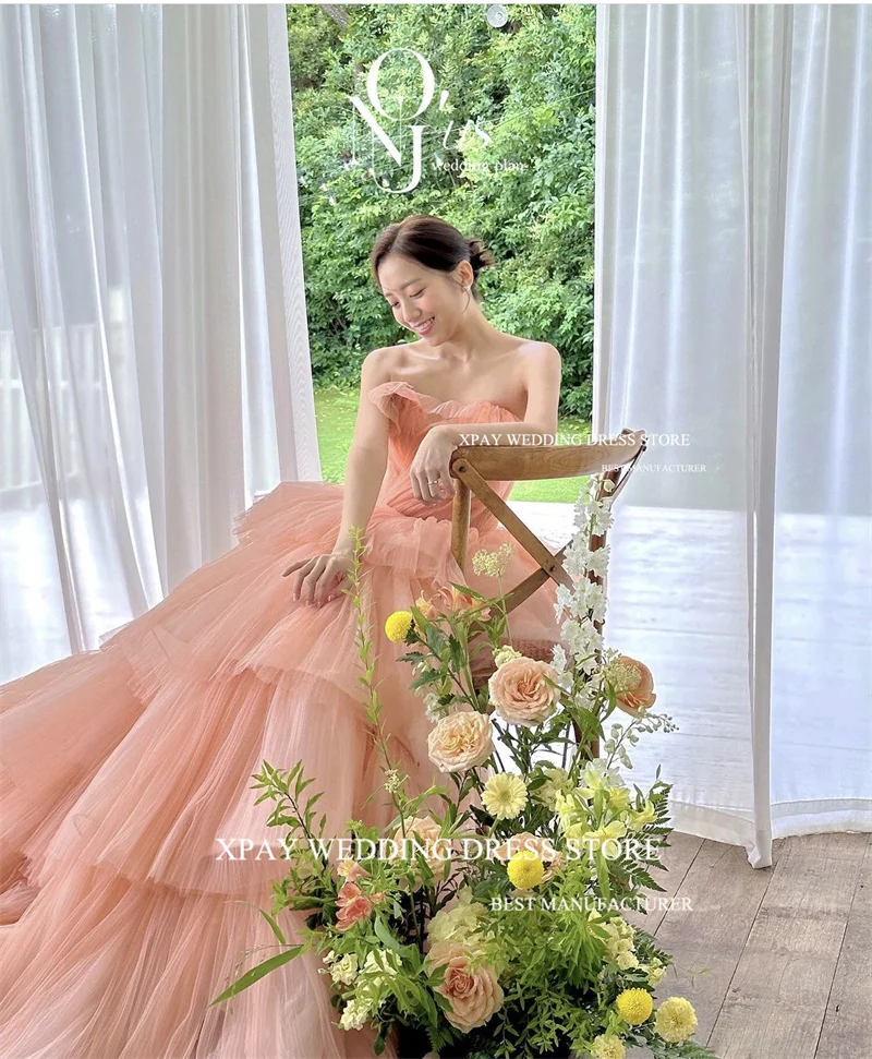 XPAY 2024 Korea Blush Pink Tulle Long Prom Evening Dresses For Bride Receiption Strapless Tiered Princess Garden Wedding Gowns