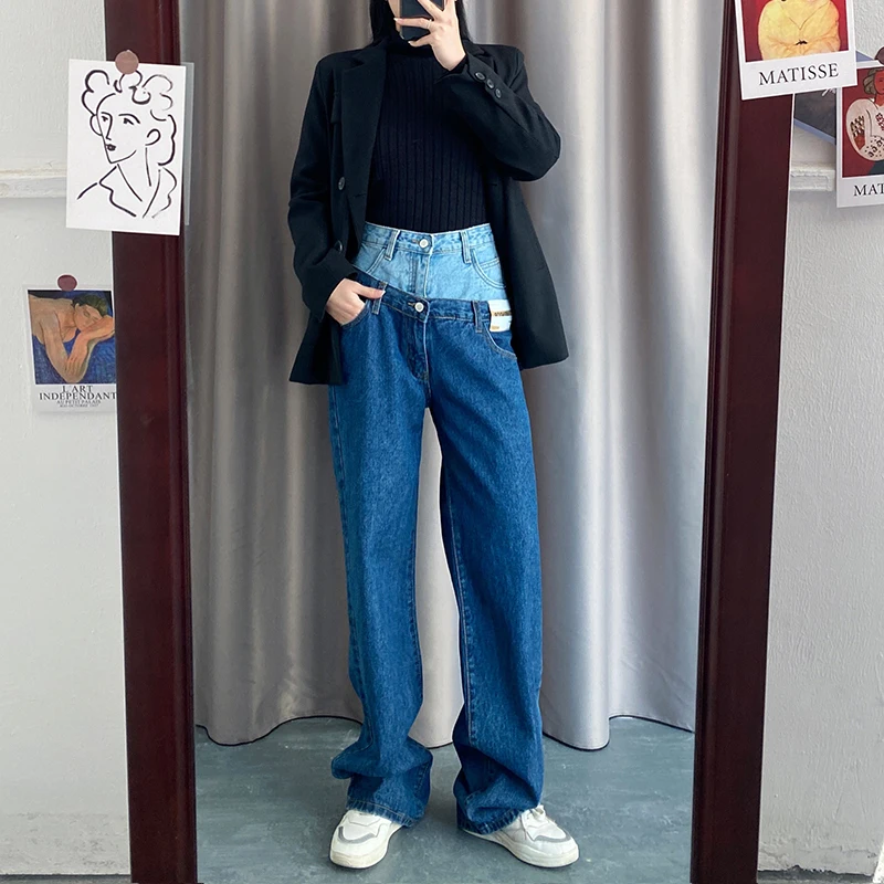 

2024 Stylish Fake Two Piece Jeans Women Patchwork Pants Female Baggy Jeans American Fashion Vintage Denim Pants Trousers Street