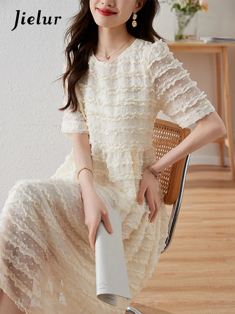 

Jielur Solid Color Slim New Summer Women Dress Sweet Elegant Lady Chicly Woman Dress Apricot Color Puff Sleeve Dresses Female