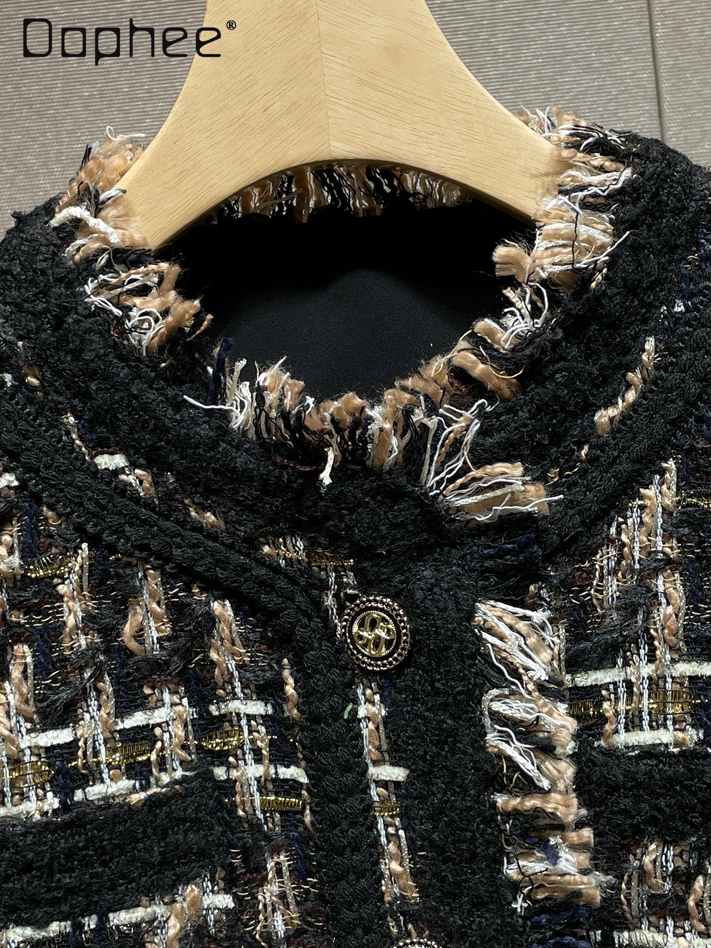 شرابة منقوشة معطف تويد خريف شتاء جديد الراقية خمر المنسوجة المرقعة اللون النمط الفرنسي معطف اجتماعي أنيق للنساء #3