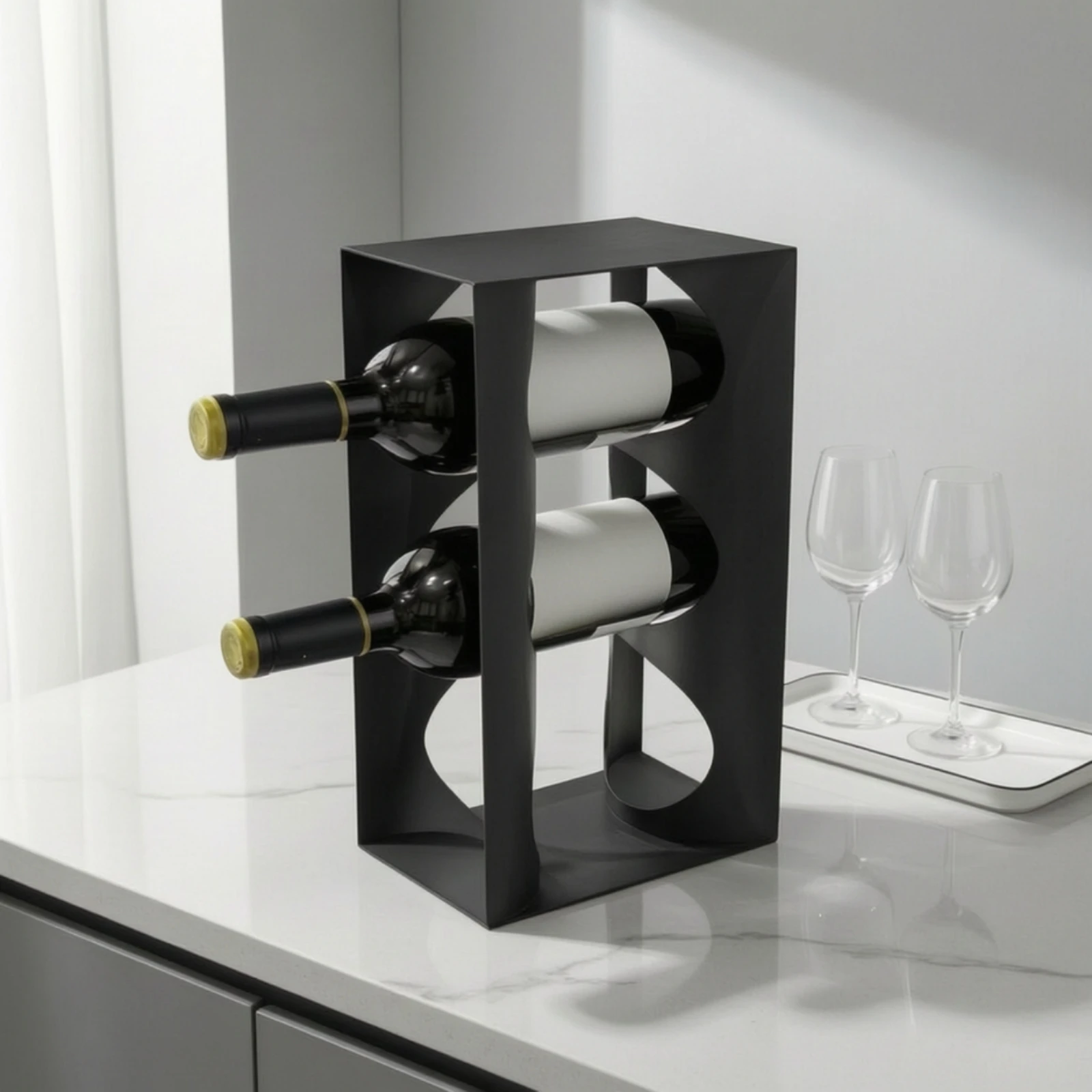 Rectangular Wine Rack with Curved Bottle Openings Compact Freestanding Countertop Wine Rack Space-Saving Minimalist for Home Bar