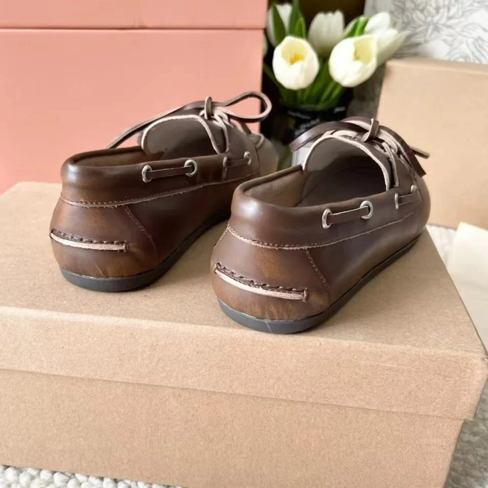 2025 FANGXITING توب الربيع الجلد المدبوغ حذاء بدون كعب مسطح امرأة الدانتيل يصل الجلود الشقق ماركة غير رسمية خارج الباب القيادة عطلة المشي #3