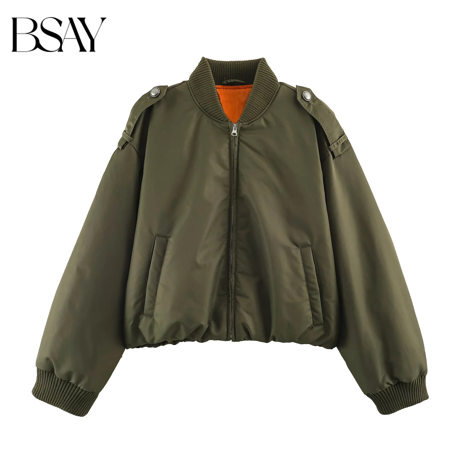 BSAY 2026 New Fall Women Stand Ribbed Collar Bomber Jacket Zip Front Strap Epaulet Design Long Sleeve Cropped Loose Outerwear