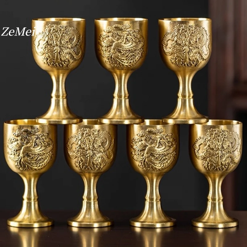 1pcs Vintage Bronze Goblet Cup,Light Luxury Vodka Glass,Engraving Dragon and Phoenix Texture Drinking Cup,Gift Home Decoration