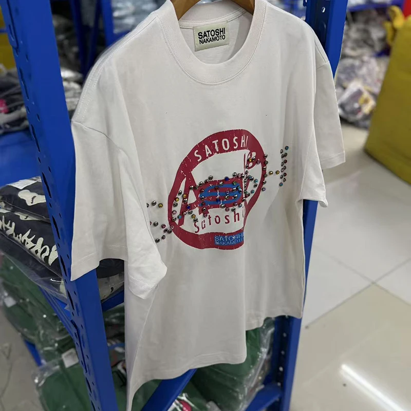 Satoshi T-Shirt Stud Letter Crackle Print Washed Distressed Cotton Casual T-Shirt Men Women 26SS
