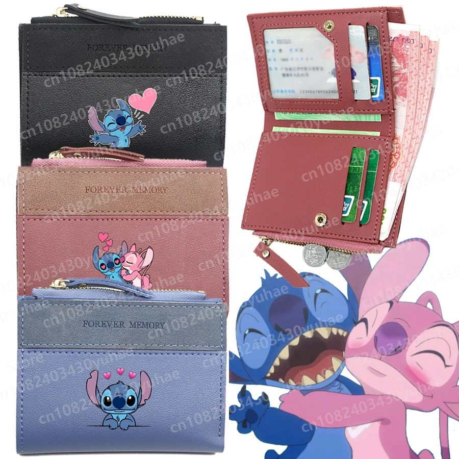 Disney Stitch Carteira Curta Feminina, Desenhos Animados Kawaii, Padrão Lilo e Stitch, Couro PU, Porta-Cartão Slot, Mini Presente Bolsa