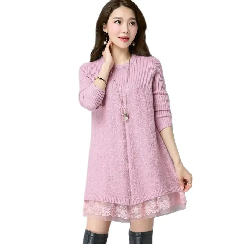 Fall/Winter 2024 New Women\'s Lace Stitching Sweater Dress Solid color Loose Long-sleeved Pullovers Fashion Female Knit Sweaters