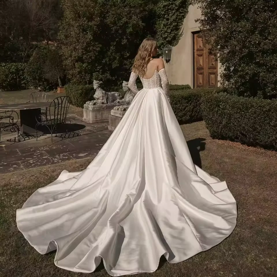 Suknia ślubna syrena luksusowa na zamówienie z satynowym odpinanym trenem, długi rękaw, suknia dla panny młodej, koronka, koraliki, Vestido De Novia