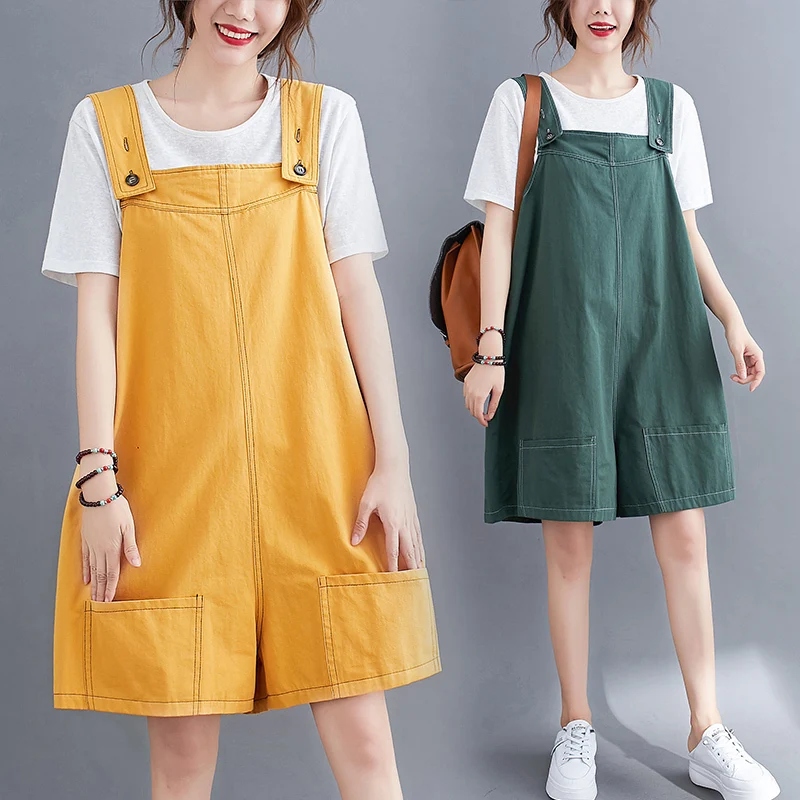 

#2304 Green Black Yellow Cotton Linen Wide Leg Playsuits Women Thin Summer Casual Overalls For Women Loose Short Women Rompers