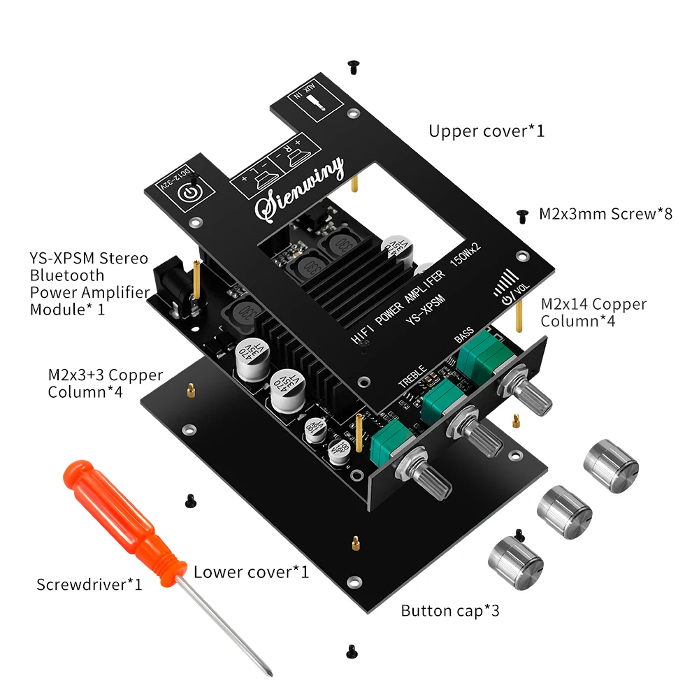 YS-XPSM 2,0-канальная плата усилителя Bluetooth с радиатором TDA7498E 150Wx2, аудиомодуль регулировки высокого и низкого тока