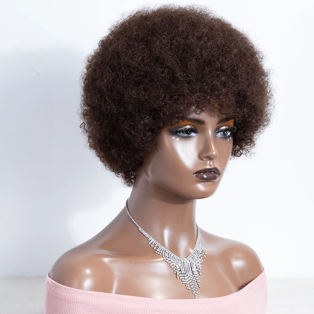 Put On & go Short Pixie Afro Kinky Curly Bob Human Hair Wigs For Women Brazilian Remy Hair 250 Density Natural Brown Wigs