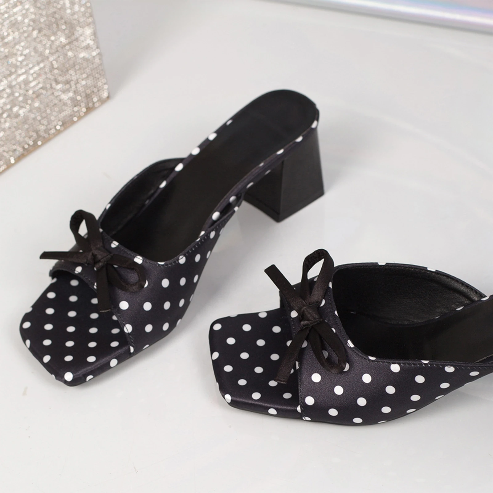 Women French Retro Polka Dot Bowknot Chunky Heel Open Toe Slippers Vintage Elegant Slip On Summer Party Wedding Mules view 5
