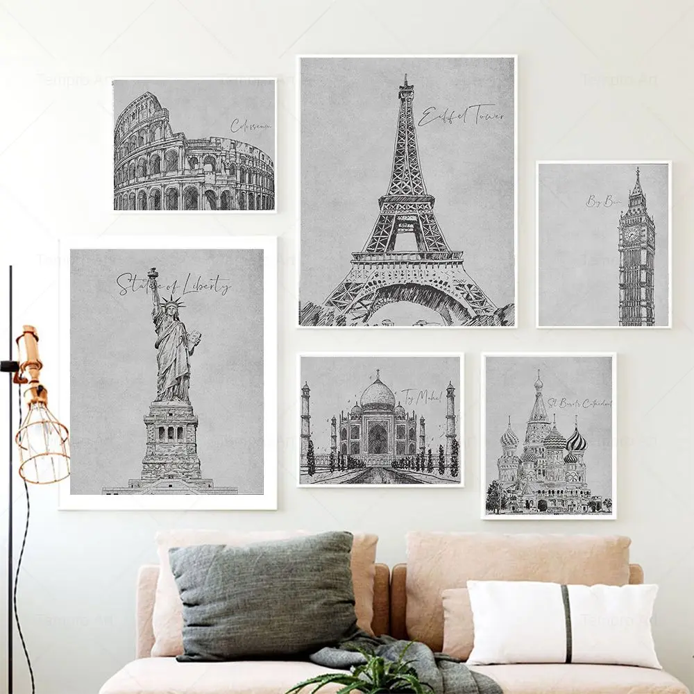 Landscape Sketch Prints Eiffel Tower London Bridge Louvre Posters Wall Art Canvas Painting Pictures for Living Room Home Decor