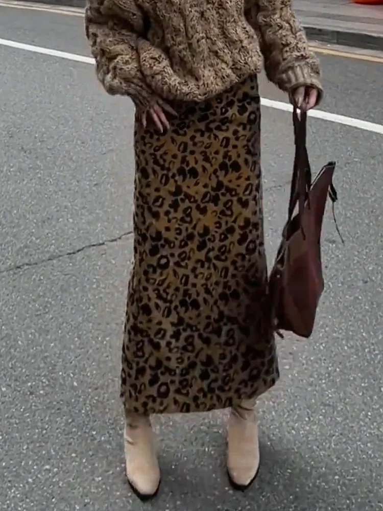 

Faionable Thiened Velvet Leopard Print Skirt Commute Sle Asymmetrical Straight Cut Autumn Winter New Arrival