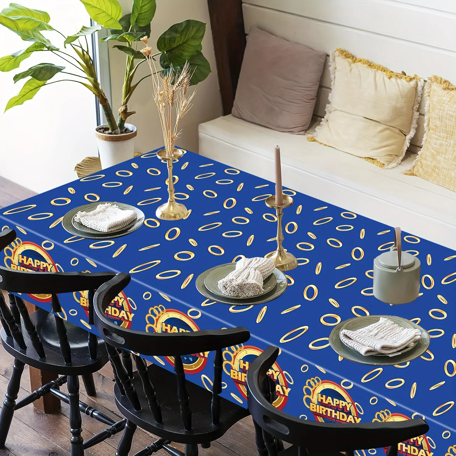 Waterproof Plastic Birthday Tablecloth Blue Printed Rectangular Disposable Table Cover Party Supplies For  Birthday Decoration