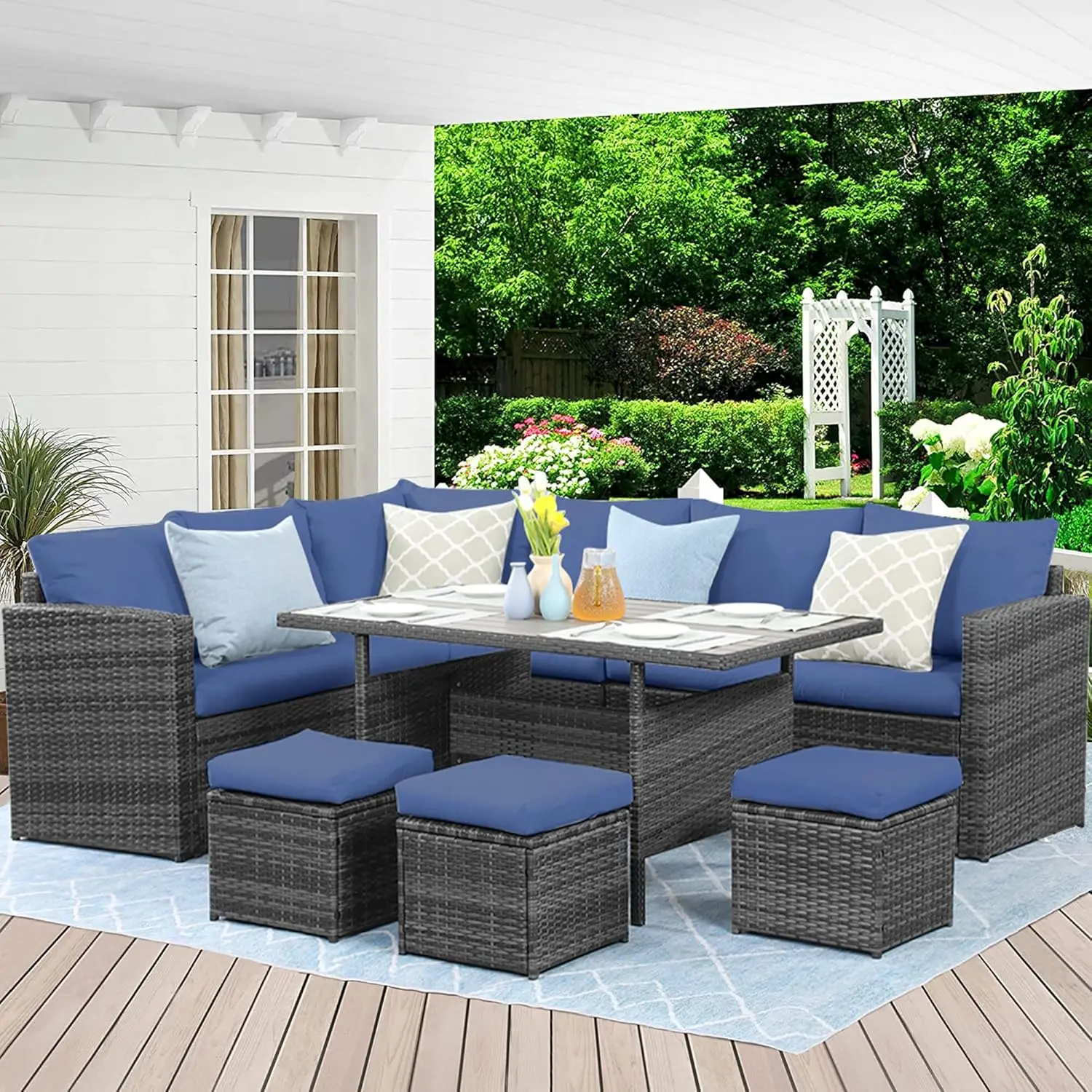 Wisteria Lane Juego de muebles para patio al aire libre, sofá seccional de comedor para exteriores de 7 piezas con mesa de comedor y silla, mimbre para todo tipo de clima