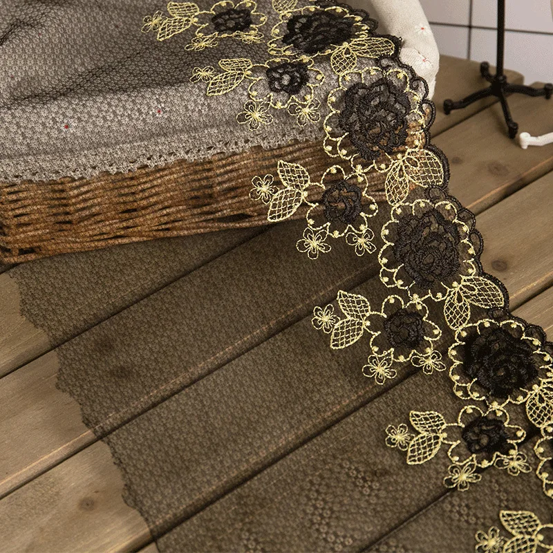 1 Yard 23cm wide Black Gold Soft Mesh Embroidery Lace Trimmings Dress Accessories Lace Fabric Sewing Crafts Doll Material