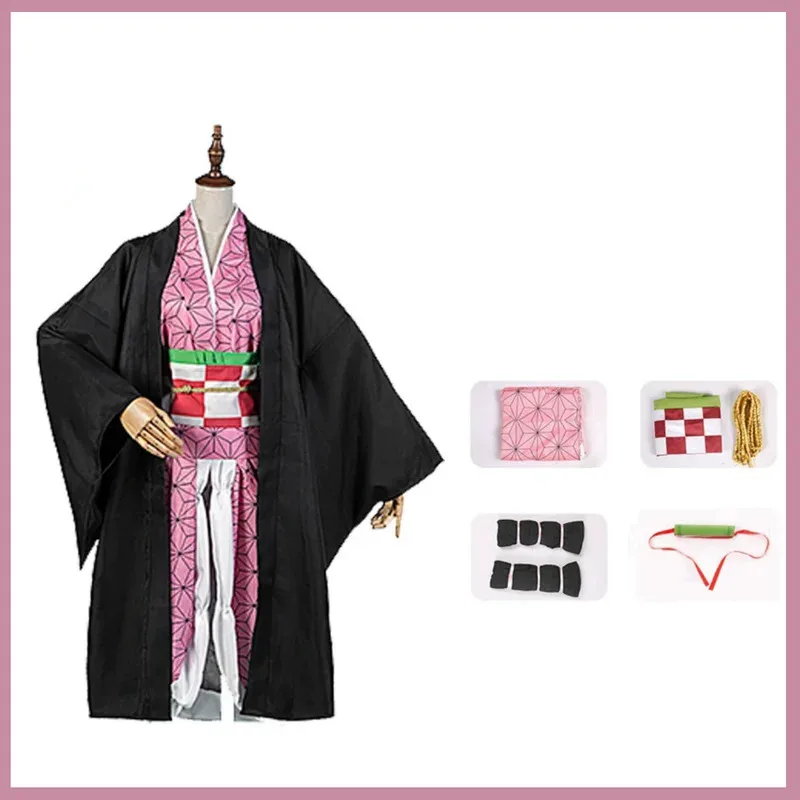 

♥ New 2025 Anime Kamado Nezuko Cosplay Costume Japanese Kimono Dress Black Cloak Haori Wig Adult Woman Sexy Kawaii ★ Bear House