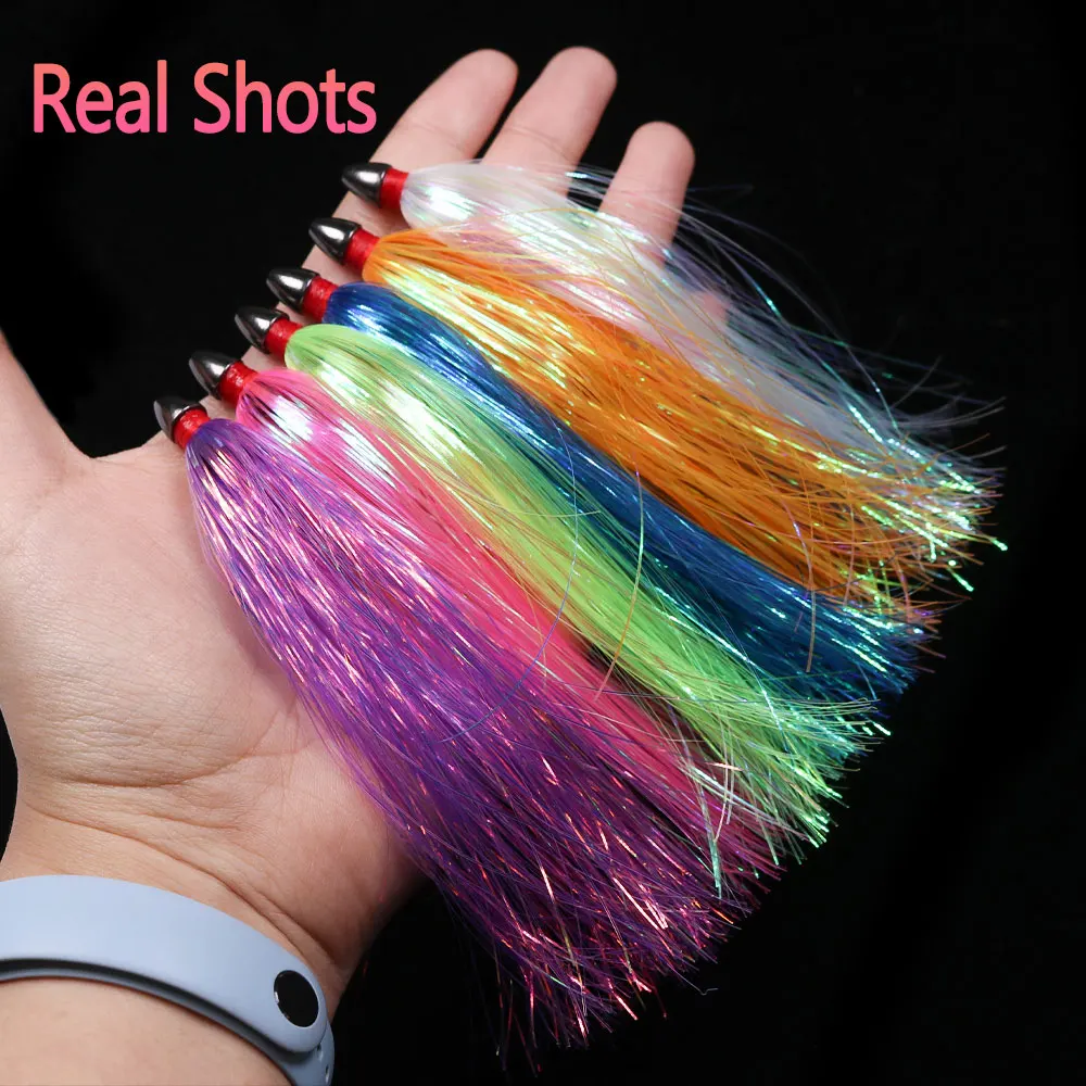 1-6 Stück 13cm/5,12 Zoll Sea Witch Copper Head Mylar Flash Teaser Tail Trolling-Köder DIY für Thunfisch, Schnapper, Salzwasser, Ballyhoo, Bass, Tintenfisch, Jigs – Detail 8