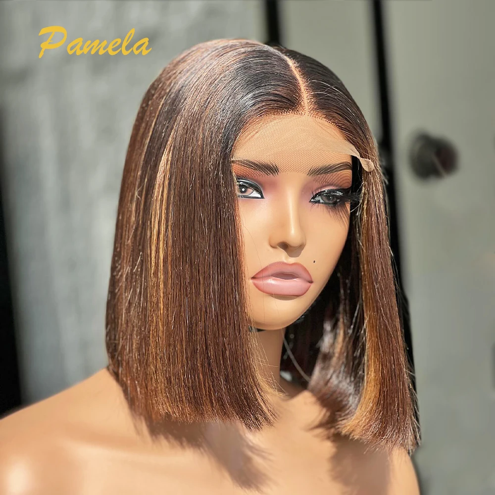 250% High Density Glueless Wig Ombre Colored 13x6 Bone Straight Short Bob Transparent Lace Frontal Human Hair Wigs Wear and Go