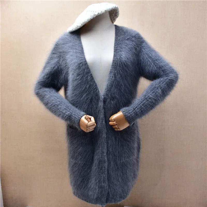 

Women Mujer Autumn Winter Grey Thick Warm Hairy Mink Cashmere Knitted V-Neck Medium Long Sweater Angora Fur Jacket Coat Pull Top