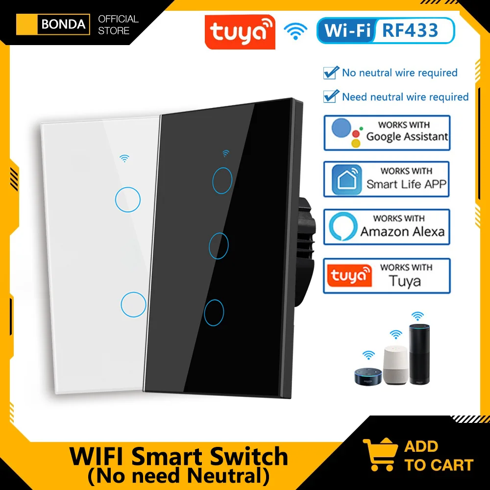 BONDA Tuya US WiFi Smart Wall Switch RF433 1/2/3Gang No Neutral Wire Touch Sensor LEDLight Switches Smart Home Alexa Google Home