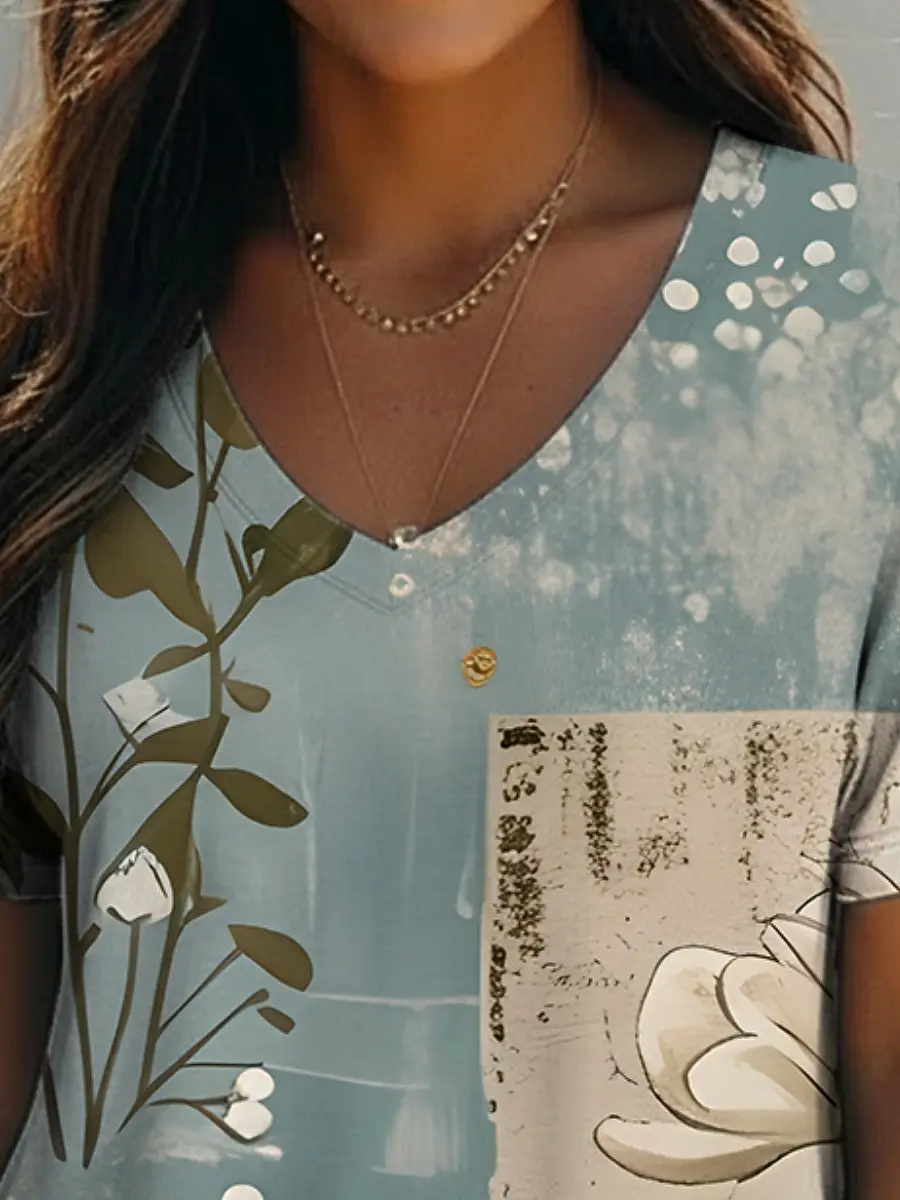 Women's Stylish V Neck Short Sleeve T Shirt Floral Print Casual Regular Tops Daily Wear Blue Ideal for Spring and Summer