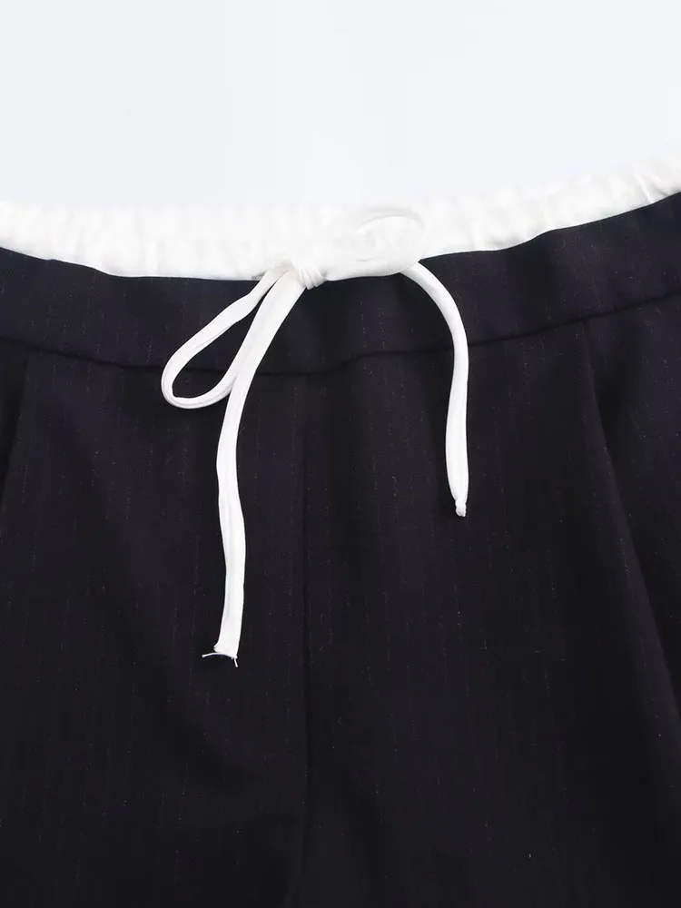 2025年秋 レディース ワイドレッグパンツ ヴィンテージ ルーズ パッチワーク ドローストリング リボン付き 女性 エレガント ストリートパンツ 衣類