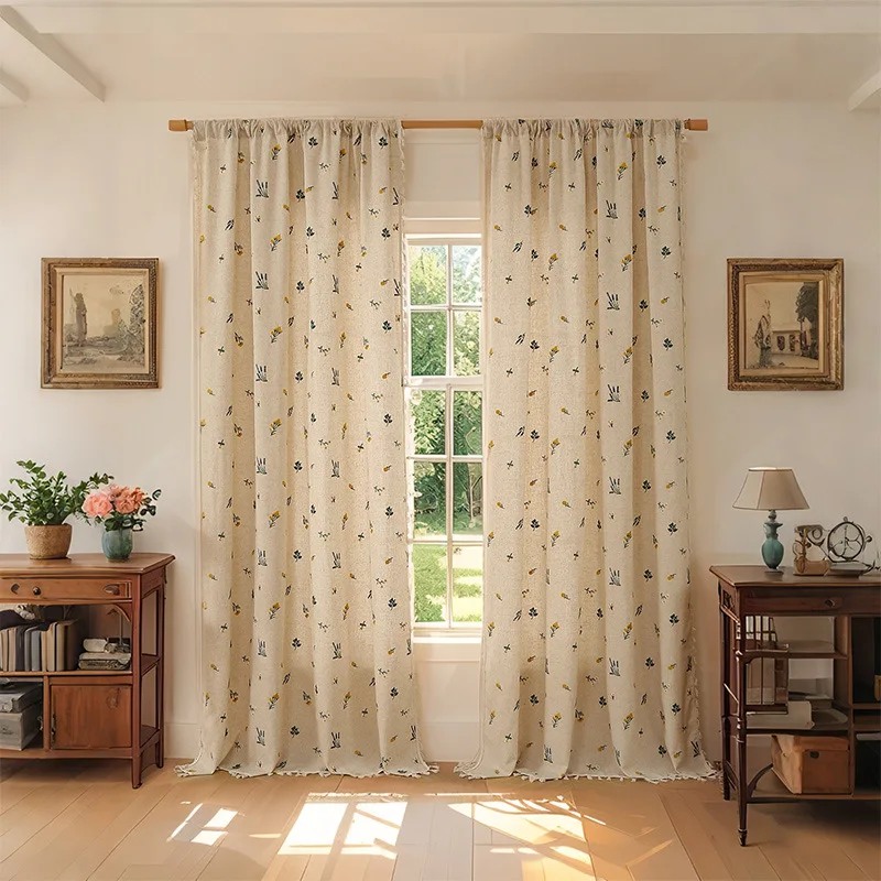Boho Curtain Daisy Embroidered Farmhouse Window Treatments Beige Floral Curtain Rod Filtering Living Room Bedroom